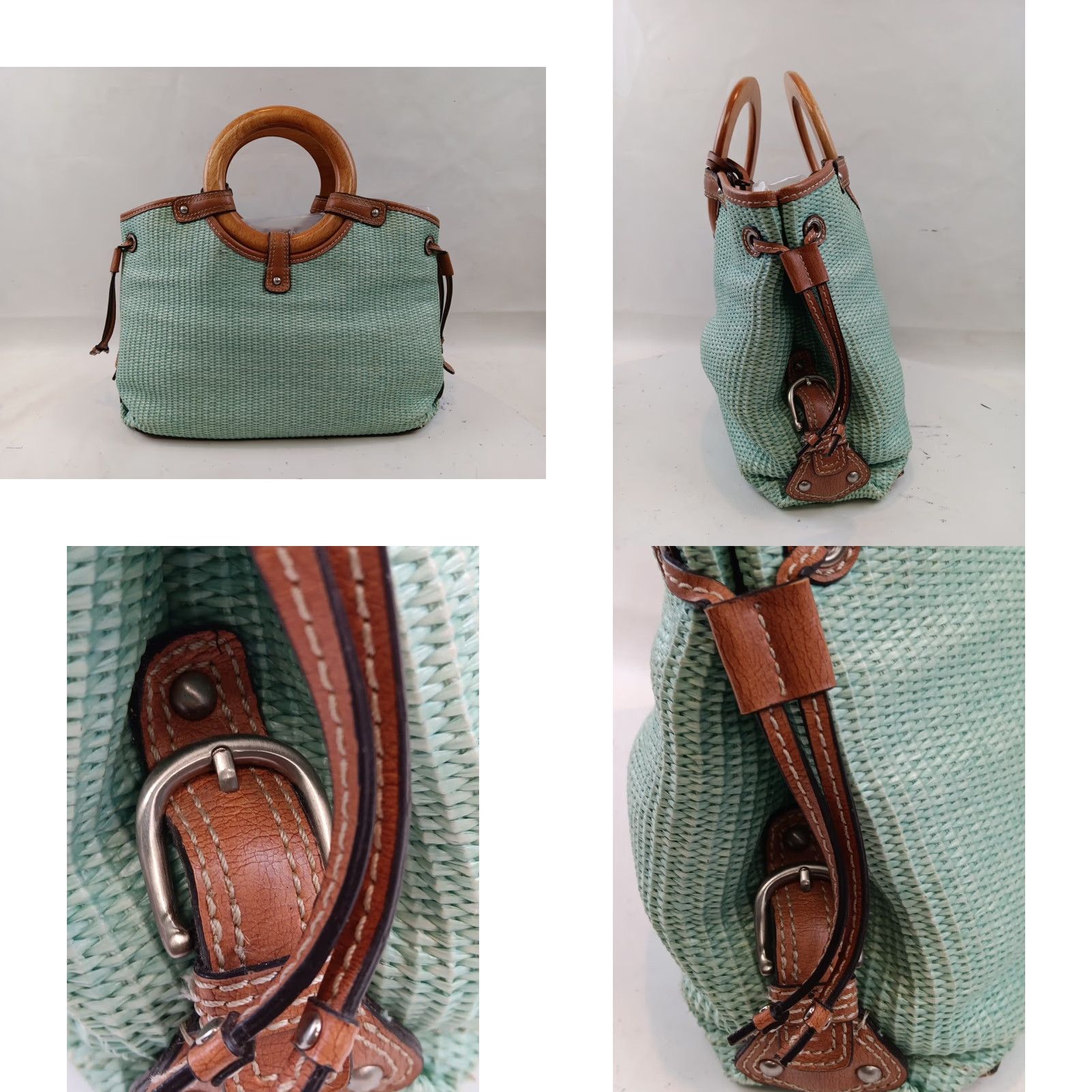 Fossil Fossil Wicker Woven Handbag Satchel Seafoam Green Leather Trim Wooden Handles Size ONE SIZE - 8 Thumbnail