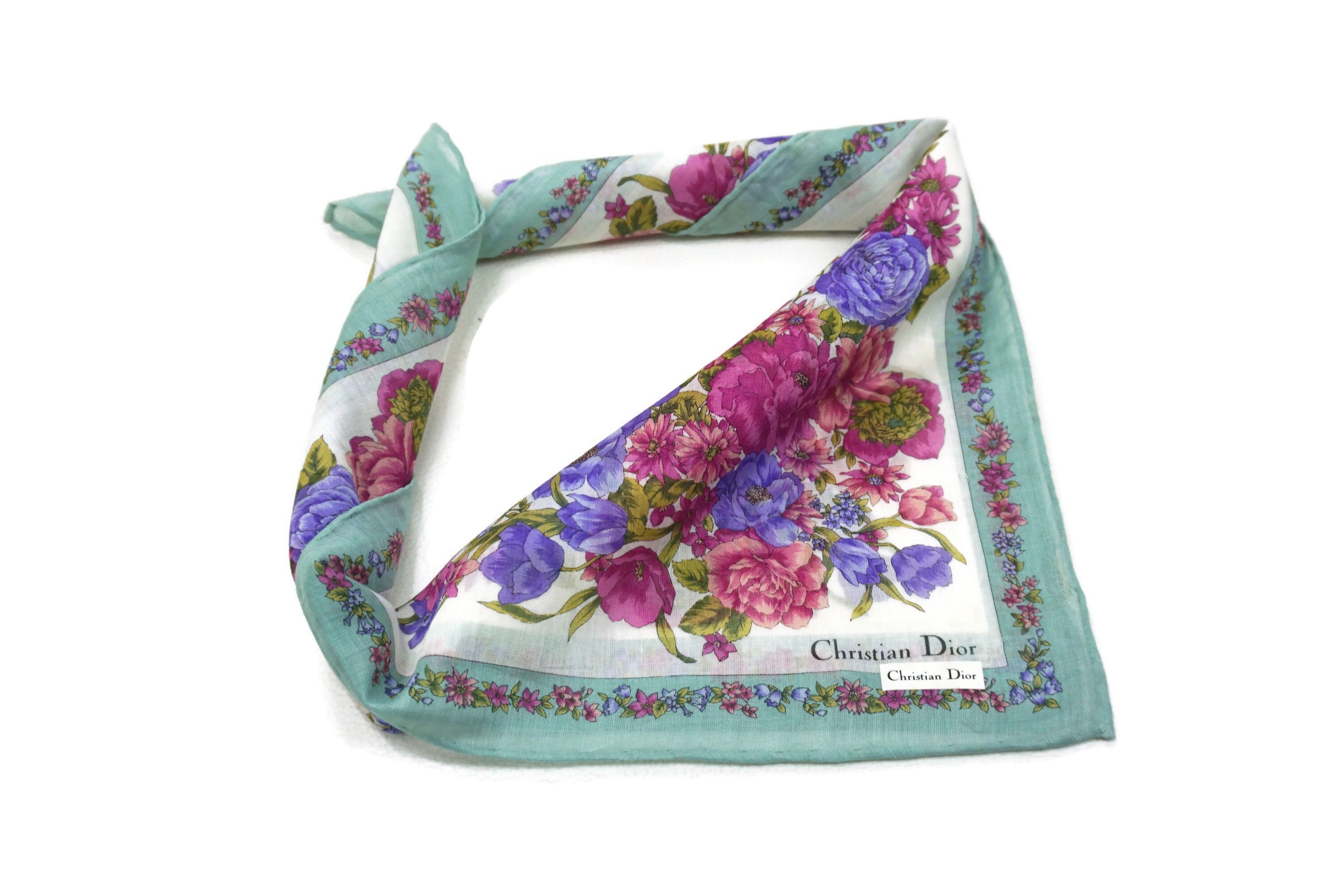 Vintage Christian Dior Scarf 47cm Rose Peony Floral Cotton