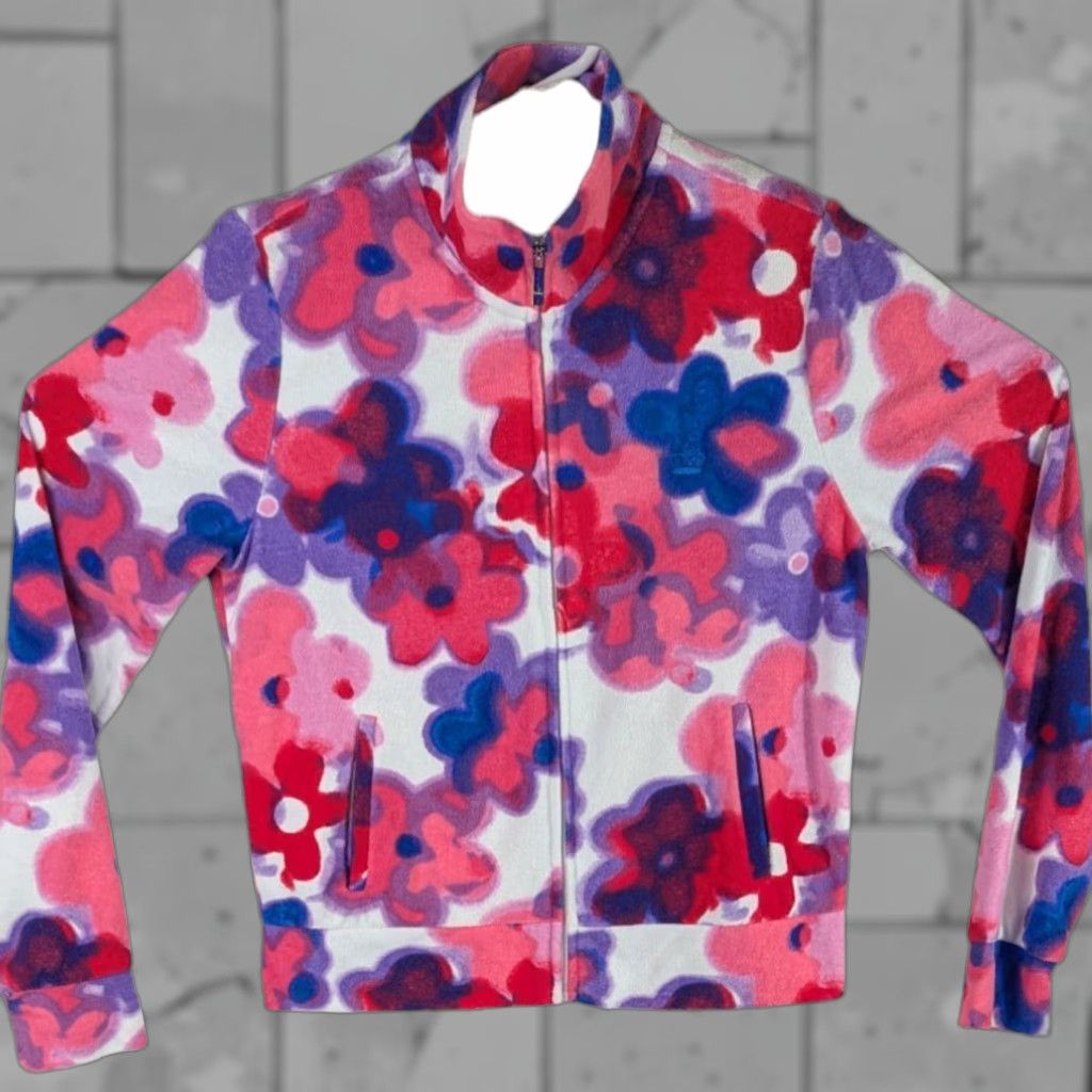 Juicy Couture Track Jacket Floral Terry Cloth Medium Pink Purple Flowers Blue Women's M