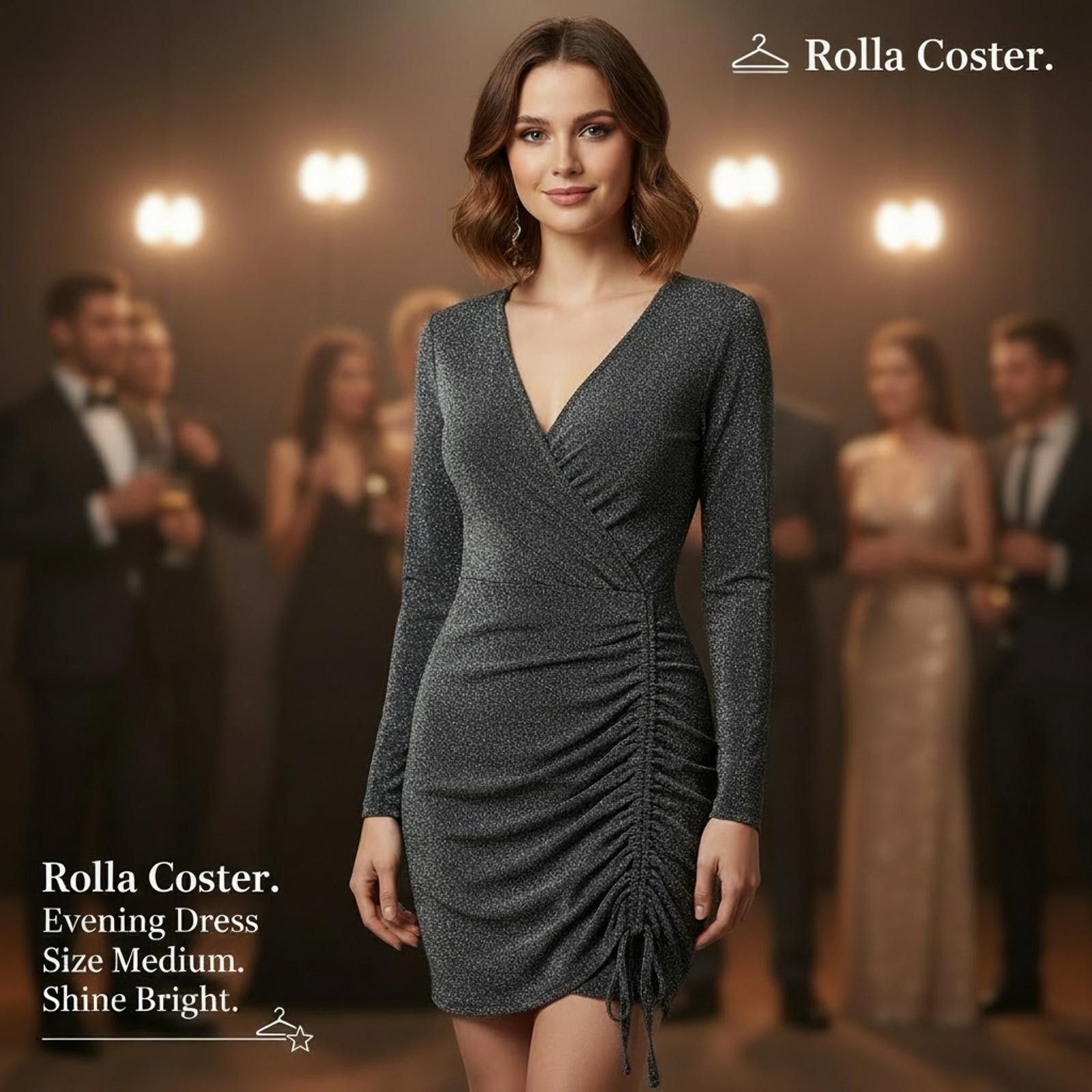 Other Rolla Coster Medium Black Shimmer Ruched Evening Dress Size ONE SIZE - 1 Thumbnail