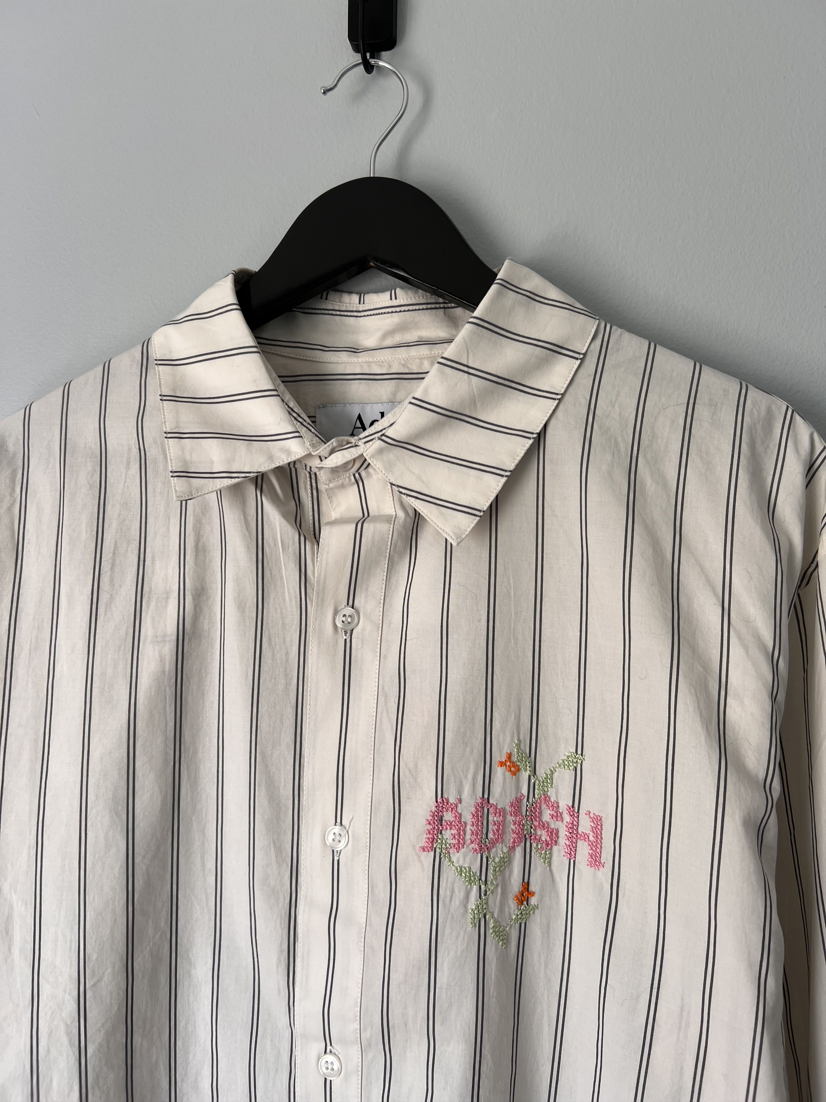 image of Adish Nafnuf Logo Cotton Striped Button Up Shirt In White in Off White, Men's (Size Medium)