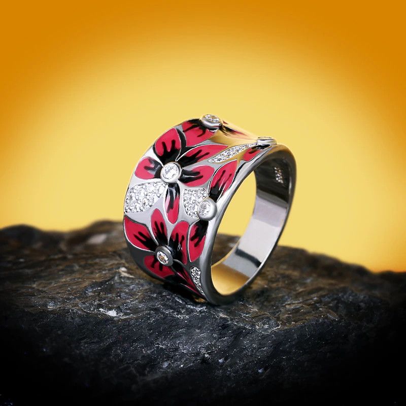 Jewelry Exquisite Red Flower Handmade Enamel Ring Size ONE SIZE - 5 Thumbnail