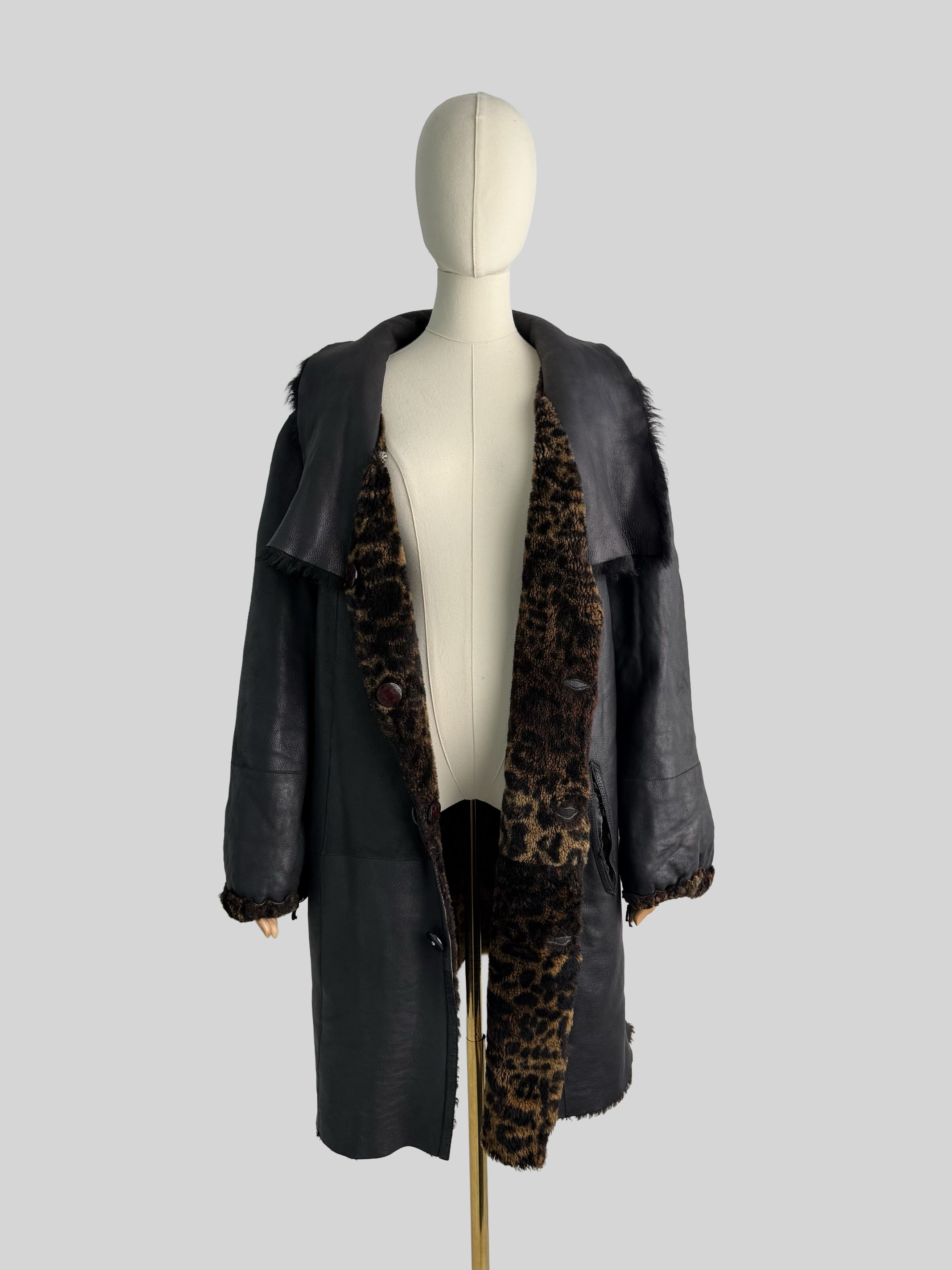 Vintage Vintage Black Shearling Leather Coat Winter Jacket Y2K (ET1) Size XL / US 12-14 / IT 48-50 - 3 Thumbnail