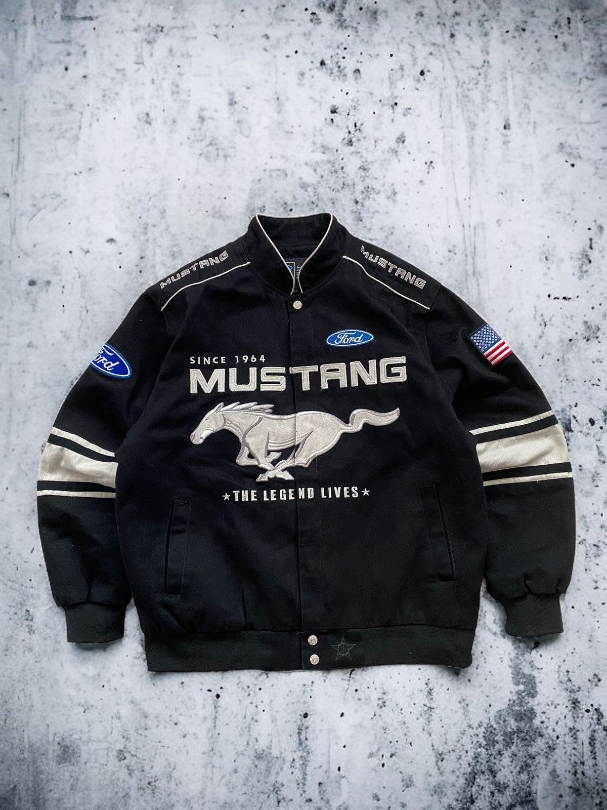 image of Jeff Hamilton x Nascar Ford Mustang Mens Heavy Cotton Racing Bomber Jacket in Black (Size Large)