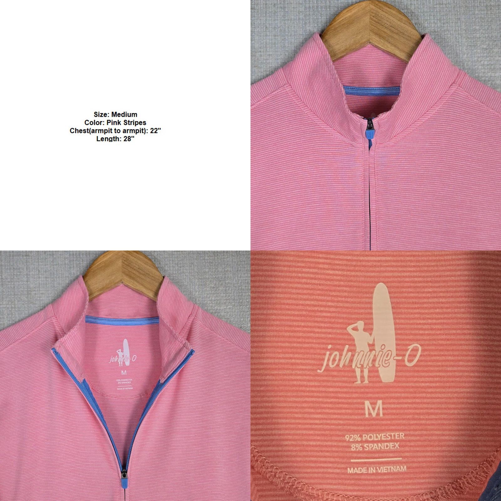 johnnie-O Johnnie-O Mens 1/4 Zip Pullover Golf Pink Stripes Regular Medium Shirt Size US M / EU 48-50 / 2 - 8 Thumbnail