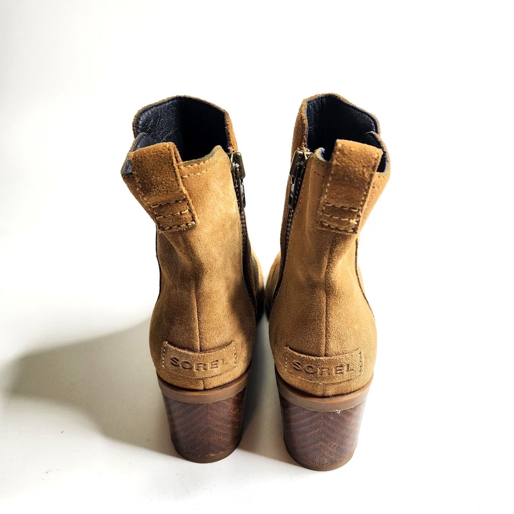 SOREL VINTAGE? No. Sorel Cate Waterproof Suede Block Heel Bootie Side Zip Camel Brown 7 Womens Ankle Boots Folded for 5.5" Shaft Height? Size US 7 / IT 37 - 4 Thumbnail