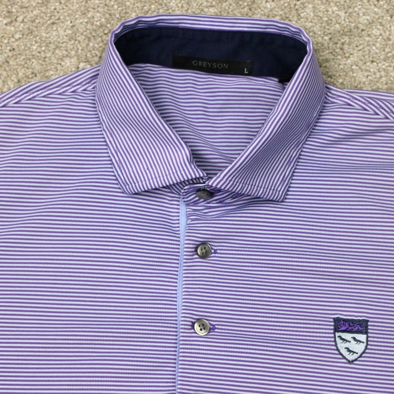 Vintage Greyson Polo Shirt Mens Large Purple Striped Golf Polyester Stretch Short Sleeve Size US L / EU 52-54 / 3 - 4 Thumbnail