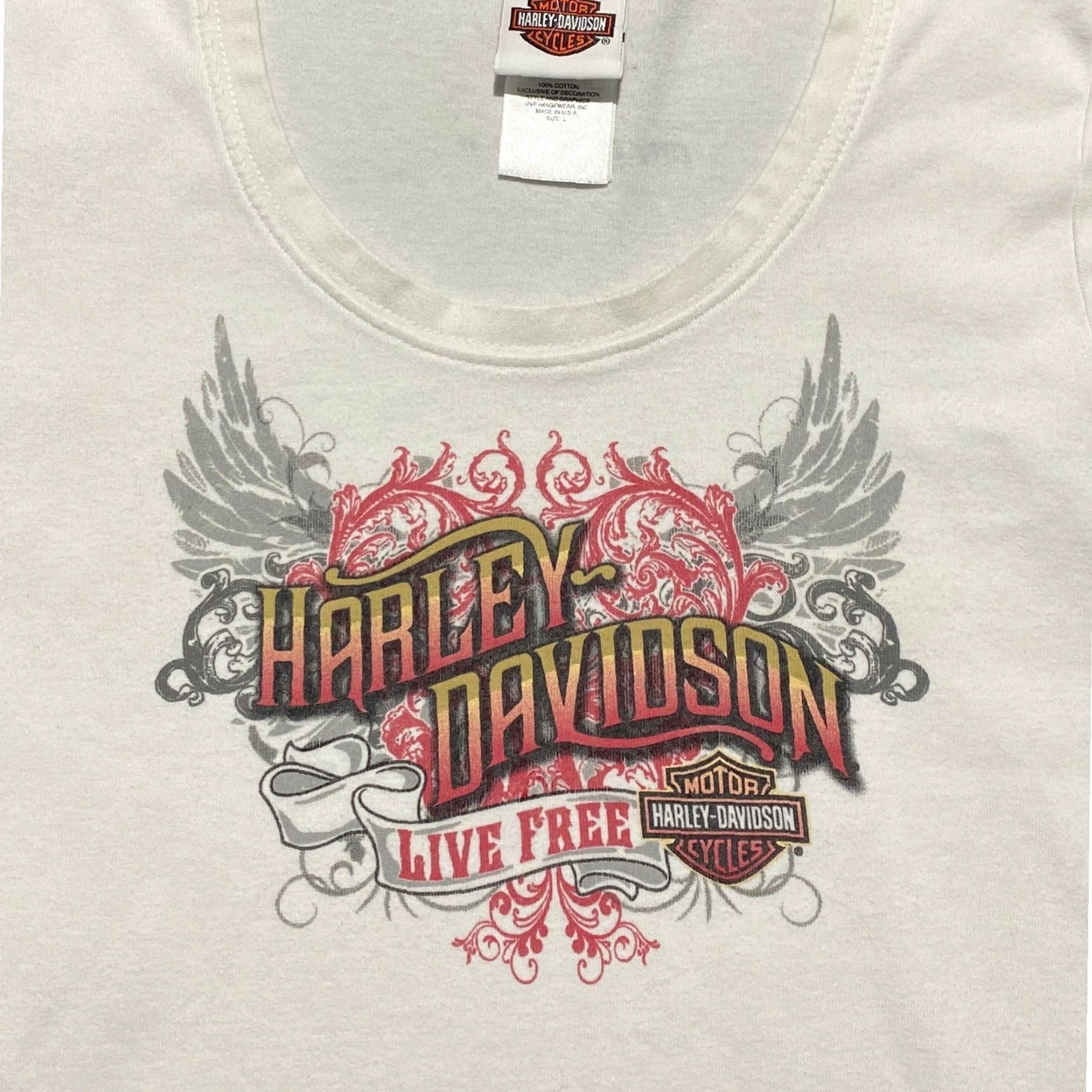 Harley Davidson Harley-Davidson Live Free Womens T Shirt L White Graphic Print Tee Casual Short Sleeve Scoop Neck Pullover Cotton Knit Classic Fit US Made City Limits Size L / US 10 / IT 46 - 3 Thumbnail