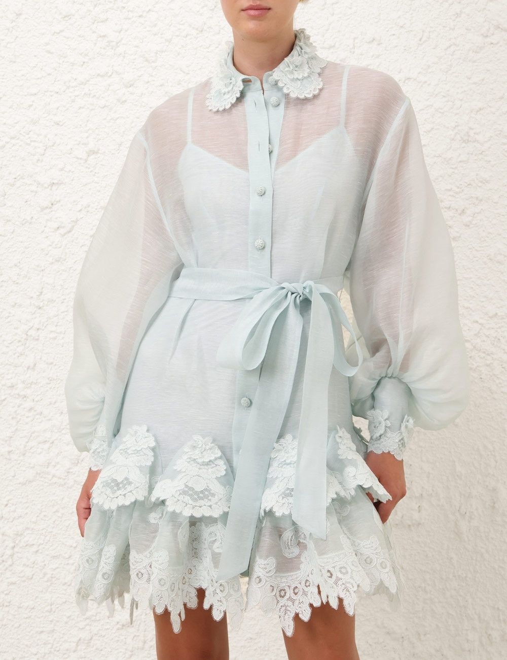 Zimmermann oc11z0925 Crush Tiered Lace Shirt Dress in Mint Blue Size S / US 4 / IT 40 - 2 Thumbnail