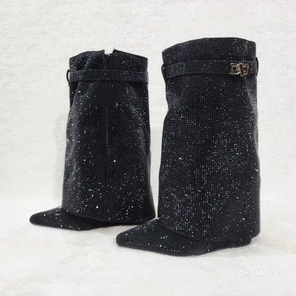 Other Betty Sparkling Black Rhinestone Skirted Fold Over Calf Boot Size US 10 / IT 40 - 2 Thumbnail