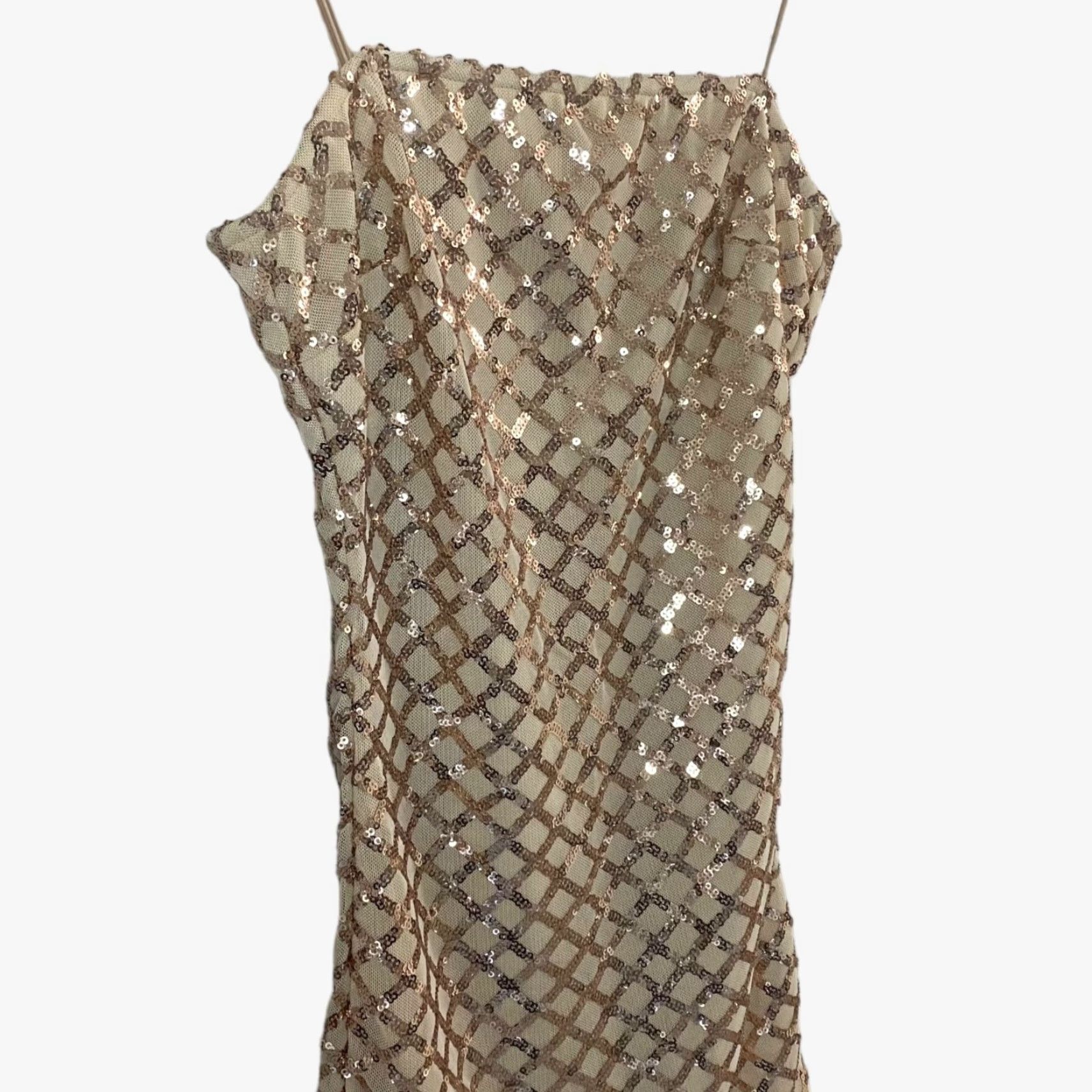 PrettyLittleThing VINTAGE Pretty Little Thing Rose Gold Strappy Sequin Dress Bodycon Straight Womens O Size XS / US 0-2 / IT 36-38 - 4 Thumbnail