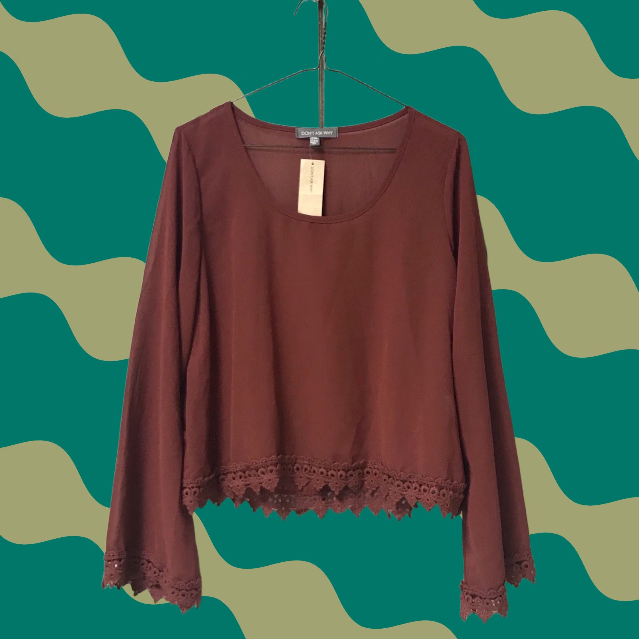 American Eagle Outfitters American Eagle Outfitters Red Sheer Crochet Trim Cropped Long Sleeve Top Blouse OS Womens Size ONE SIZE - 1 Thumbnail