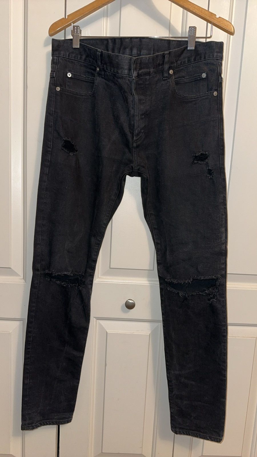 image of Balmain Slim Fit Distressed Black Denim, Men's (Size 33)