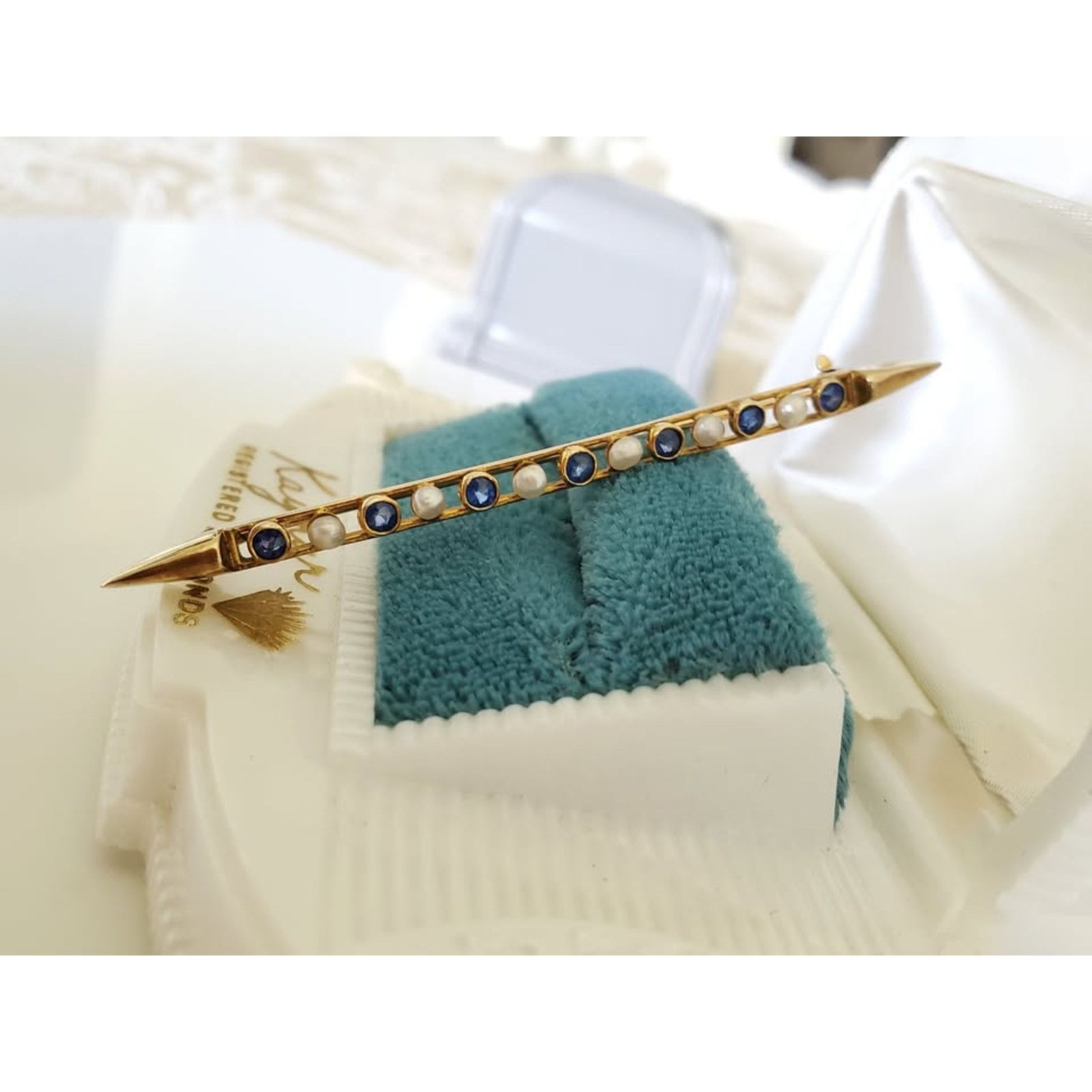 Other Antique Sapphire and Seeded Pearl Bar Pin 10K Solid Gold Size ONE SIZE - 1 Thumbnail