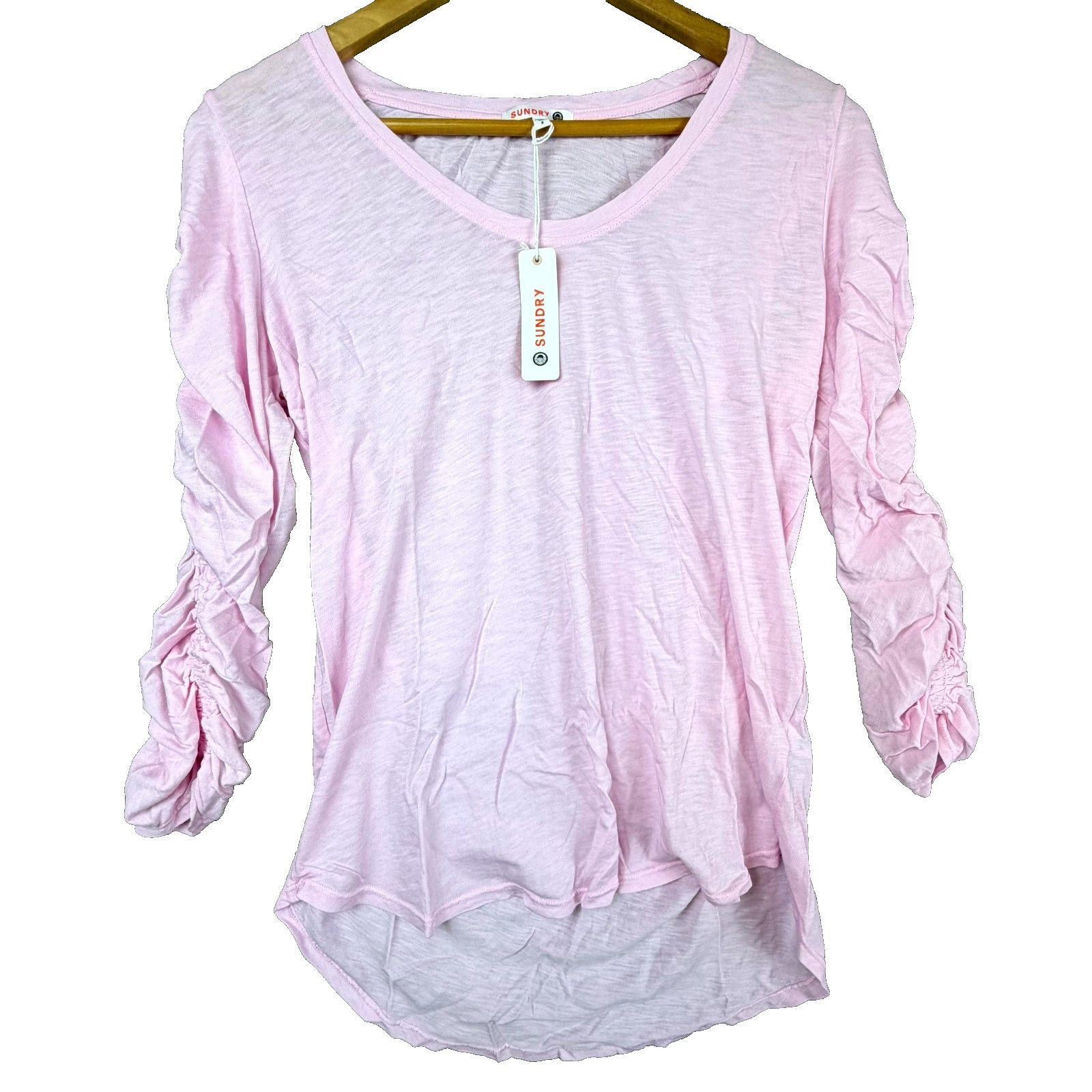 Sundry Sundry Blouse 3 Pink Ruched Sleeve High Low Burnout Girly Size S / US 4 / IT 40 - 1 Thumbnail