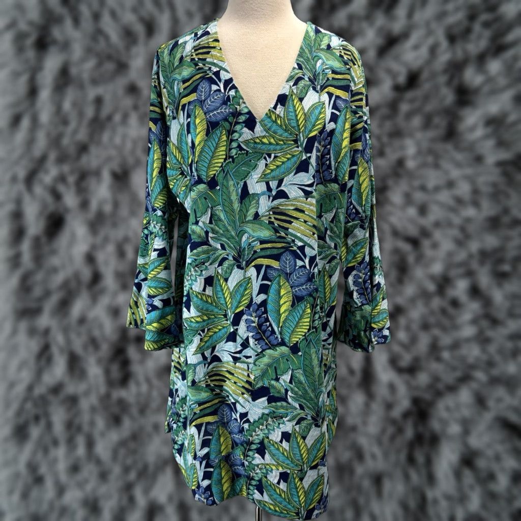 Soft Surroundings Soft Surroundings Tropical Linen Blend Shift Dress Plus Size 1X Multicolor Bell Sleeve Vacation Resort Womens Size XL / US 12-14 / IT 48-50 - 1 Thumbnail