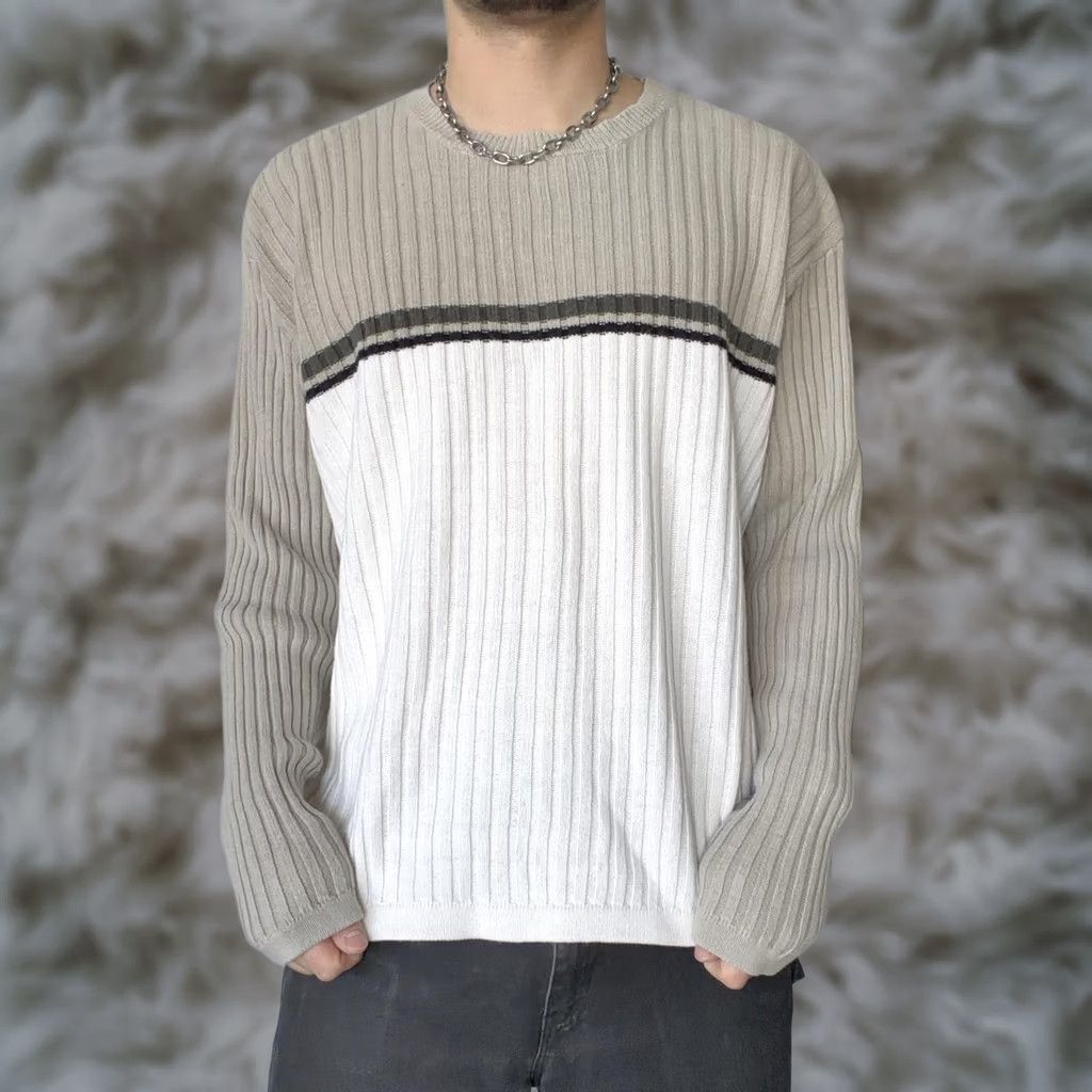 Vintage Y2K White Striped Crewneck Knit Sweater Large Skater Grunge Pullover Stripe Mens Size US L / EU 52-54 / 3 - 1 Thumbnail