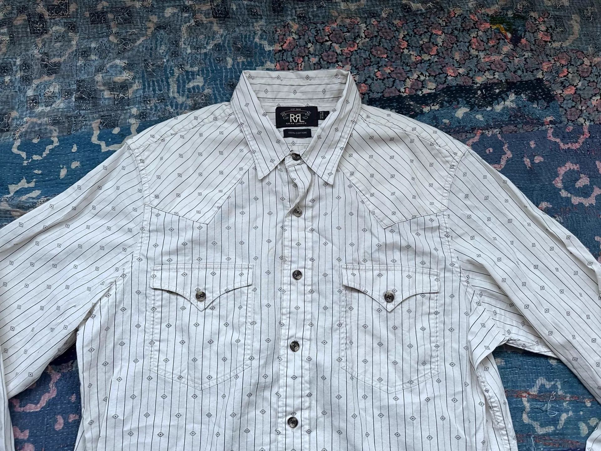 RRL Ralph Lauren rrl Vintage Western Print Striped Shirt L Size US L / EU 52-54 / 3 - 5 Thumbnail