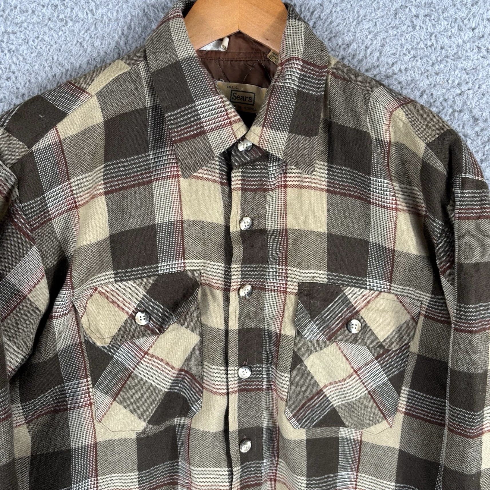 Sears VINTAGE Sears Quilt Lined Flannel Shirt Mens LT Large Tall Brown Plaid Button-Up 90s Size US L / EU 52-54 / 3 - 2 Thumbnail