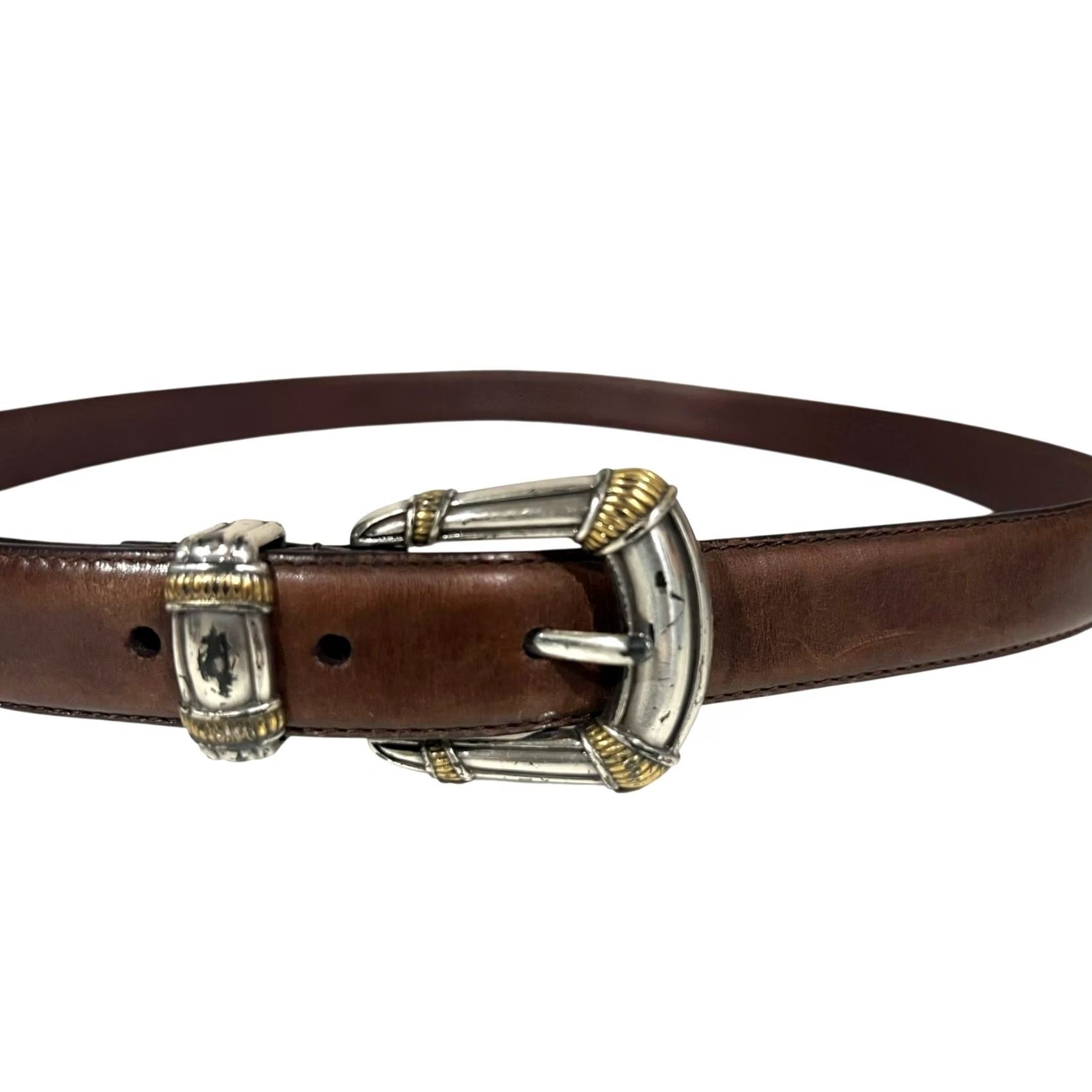 Fossil VINTAGE Fossil Leather Belt Women Brown Gold Silver Toned Buckle 90s Western Size ONE SIZE - 2 Thumbnail