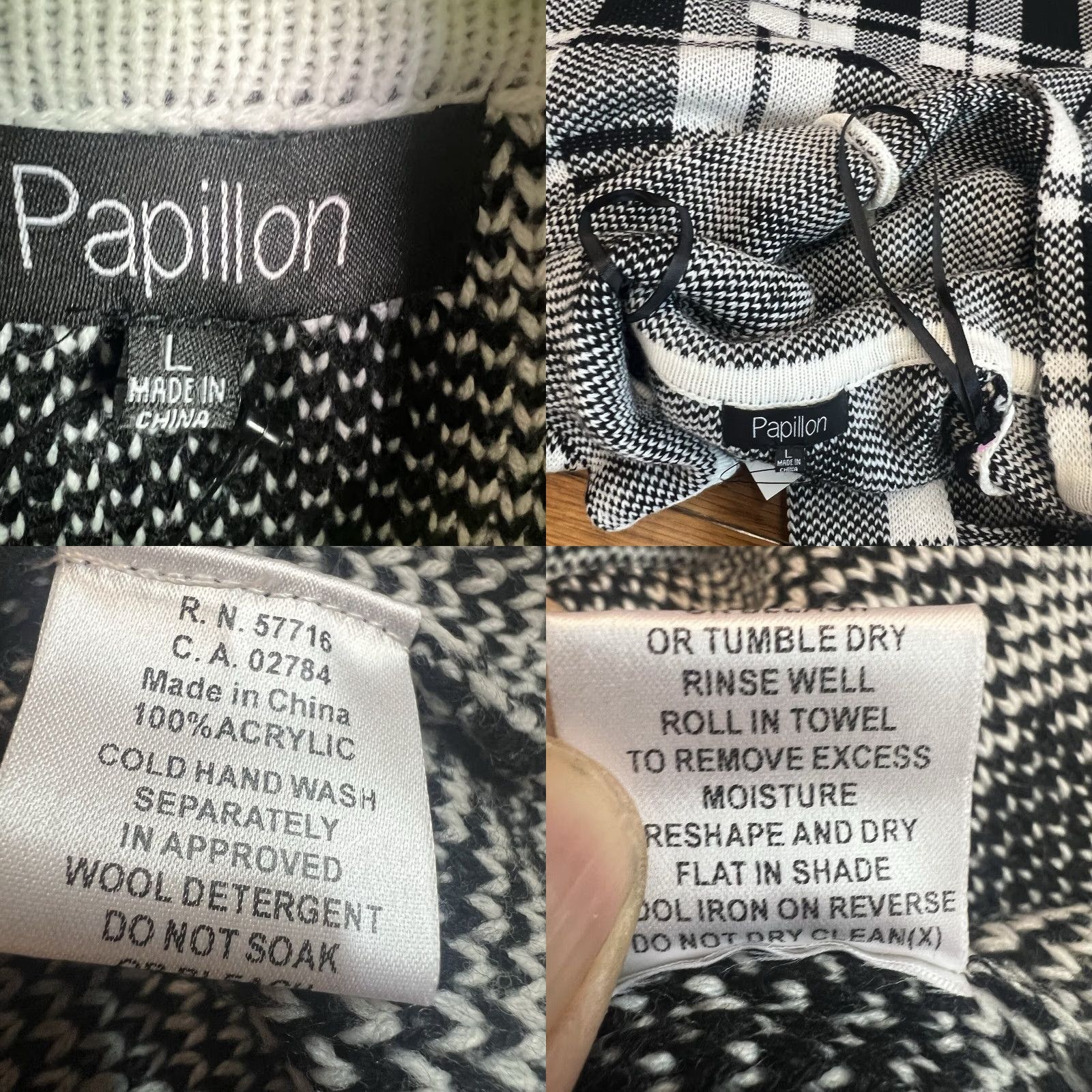 Vintage Papillon Cardigan Women L White/Black Hooded Belted Checked Knit V-Neck Sweater Jacket Size L / US 10 / IT 46 - 8 Thumbnail