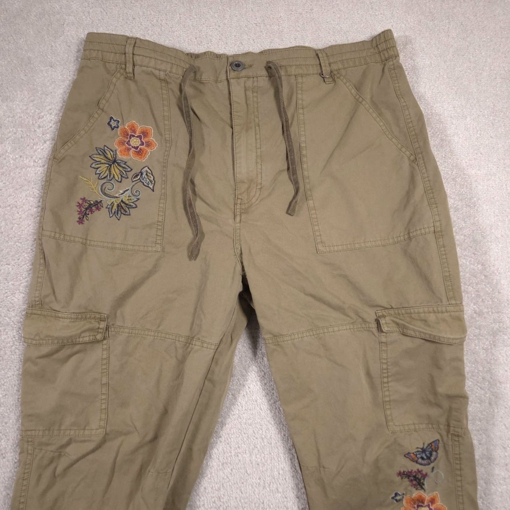 Vintage Sundance Pants Womens 16 Beige Cargo Embroidered Floral Crop Relaxed Twill Size 38" / US 16 / IT 52 - 3 Thumbnail