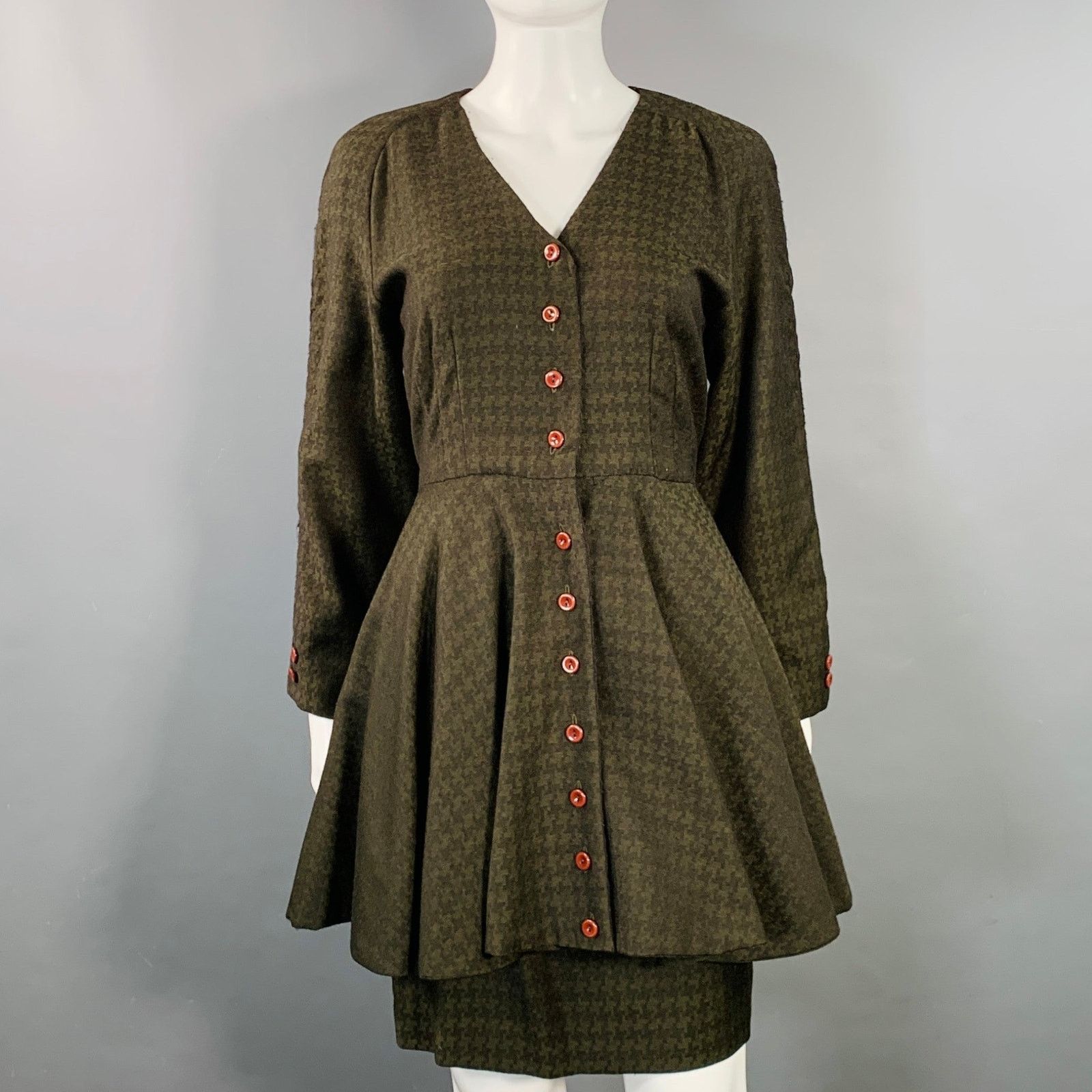 Other OKW Green Wool Button Down Houndstooth Mini Skirt Suit Size 24" / US 00 / IT 34 - 1 Thumbnail