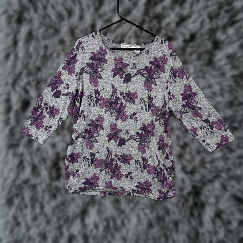 Vintage VINTAGE Bonnie Evans Blouse Womens 1X Gray Purple Floral 3/4 Sleeve Scoop Neck Boho Y2K Size XL / US 12-14 / IT 48-50 - 1 Thumbnail