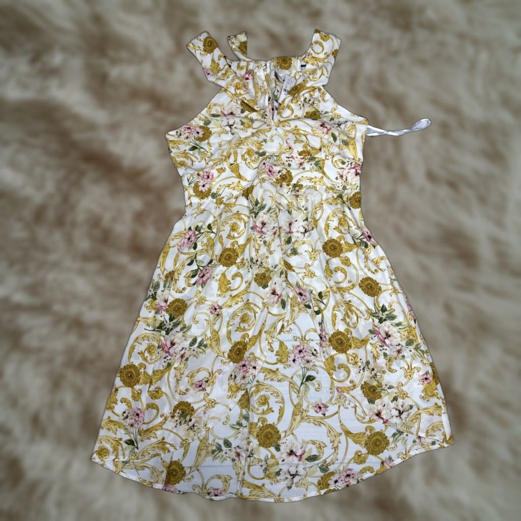 Vintage SOHO White Gold Floral Halter Dress Sleeveless Knee Length Party Cocktail M Womens NWT Size M / US 6-8 / IT 42-44 - 1 Thumbnail