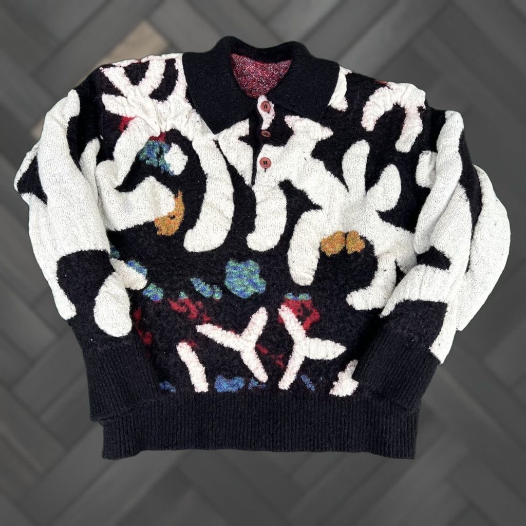 VTG Coogi Style Sweater Womens Small Black 3D Knit Henley Wool Acrylic 80s 90s