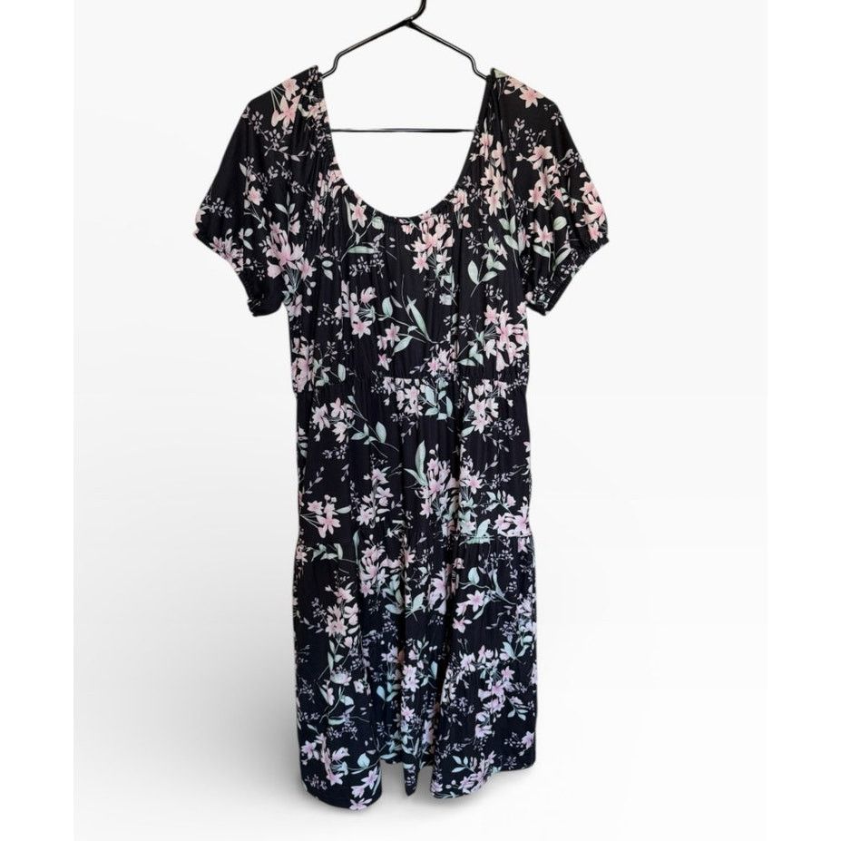 Other Black Pink Floral Short Sleeve Round Neck Shirred Dress Size L / US 10 / IT 46 - 5 Thumbnail