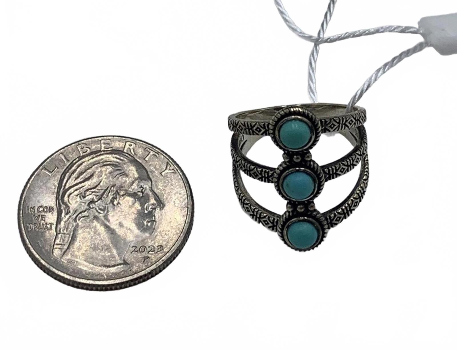 Other Felicia Design FD Sterling Silver Turquoise Engraved Ring Size ONE SIZE - 2 Thumbnail