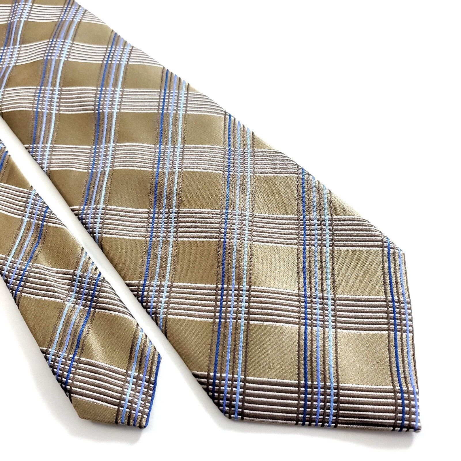 Banana Republic Banana Republic Gold Tan Blue Plaid Woven Wide Silk Tie Size ONE SIZE - 1 Thumbnail