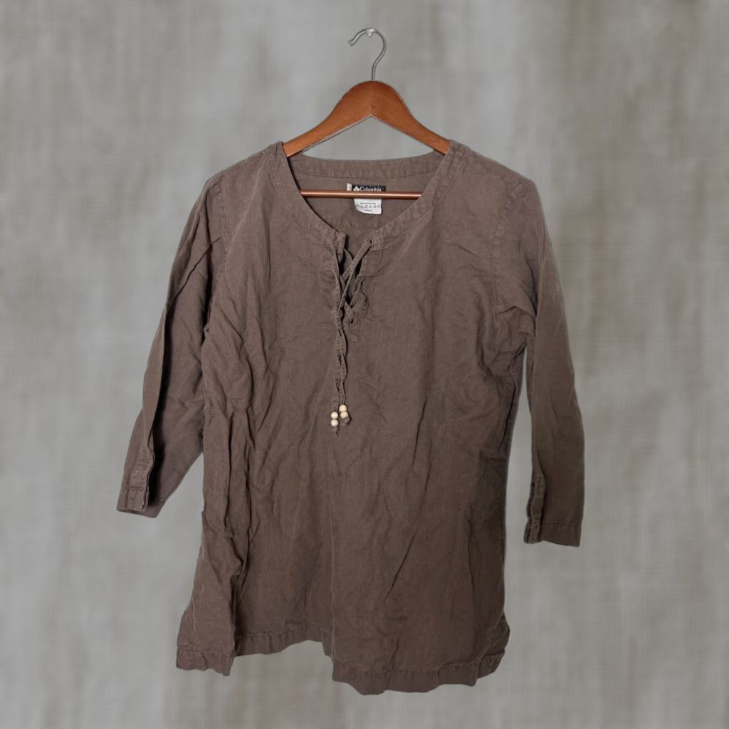 Vintage Columbia Shirt Women XL Brown Linen Blend Tie neck 3/4 Sleeve Pullover XCO Size XL / US 12-14 / IT 48-50 - 1 Thumbnail