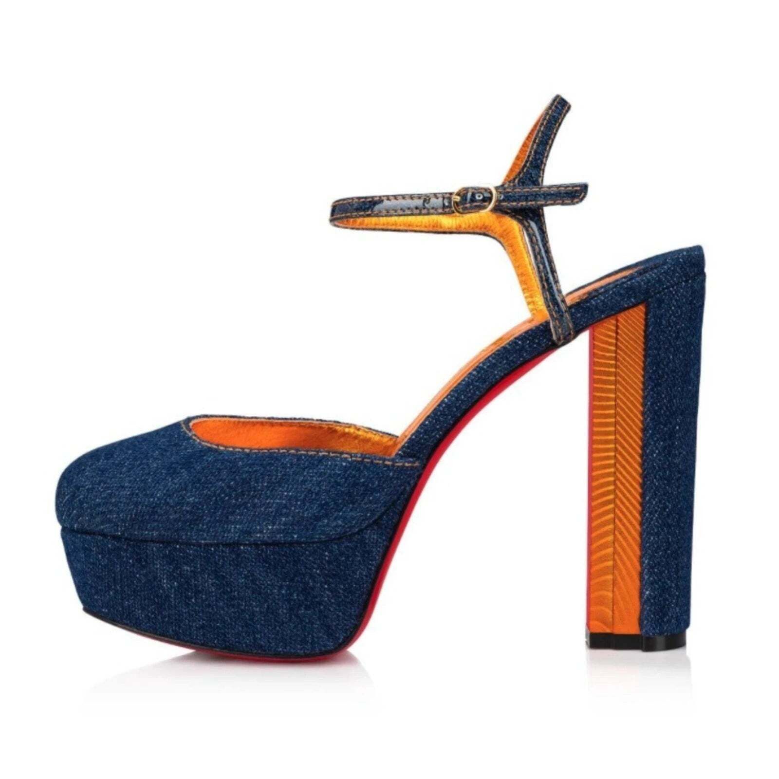 Christian Louboutin Coluna Pump 130 Denim Blue Ankle Strap Platform Heel 37.5 Size US 7.5 / IT 37.5 - 3 Thumbnail