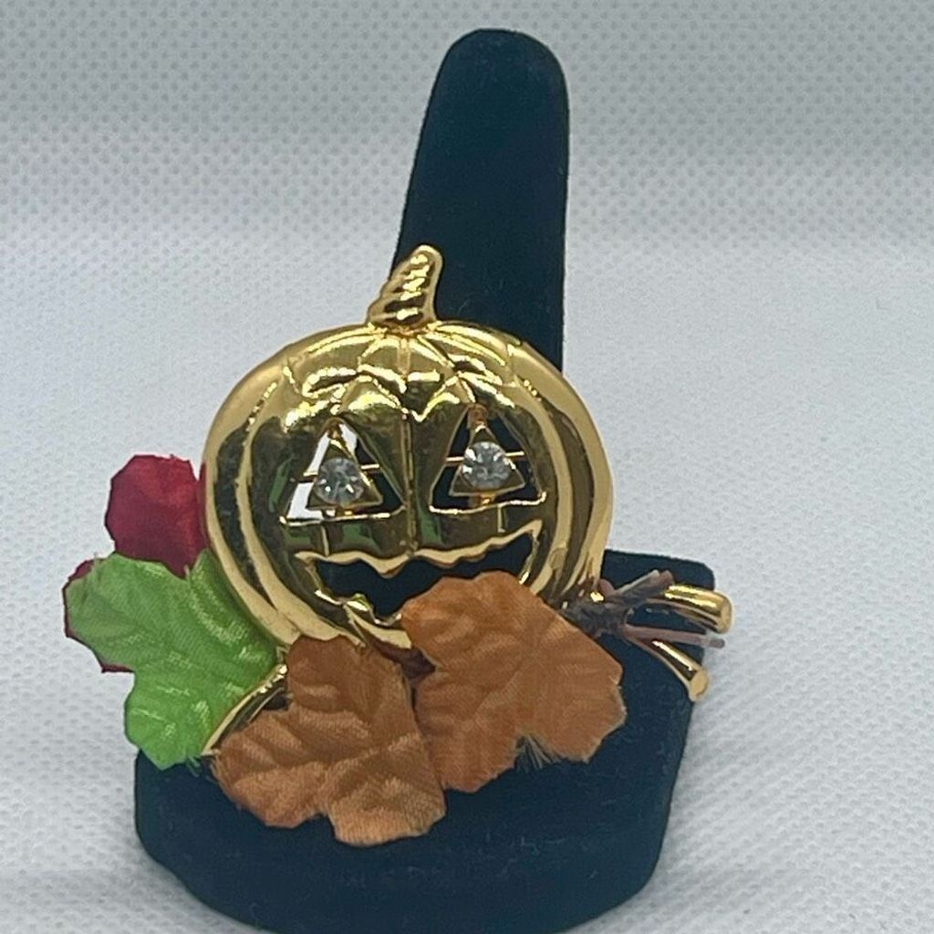 Other Vintage Gold Jack-O-Lantern Fall Crystal Pumpkin Brooch Pin Size ONE SIZE - 2 Thumbnail