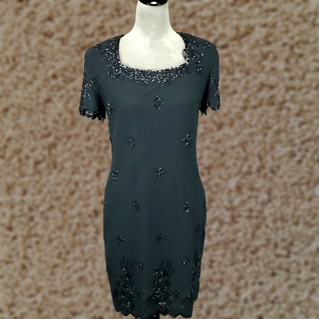 Vintage VINTAGE JMD Womens Evening Dress Knee Length Gray Beaded Lined Back Zip Square Neck Short Sleeve Formal Party/Cocktail Gown Mens? Size M / US 6-8 / IT 42-44 - 1 Thumbnail