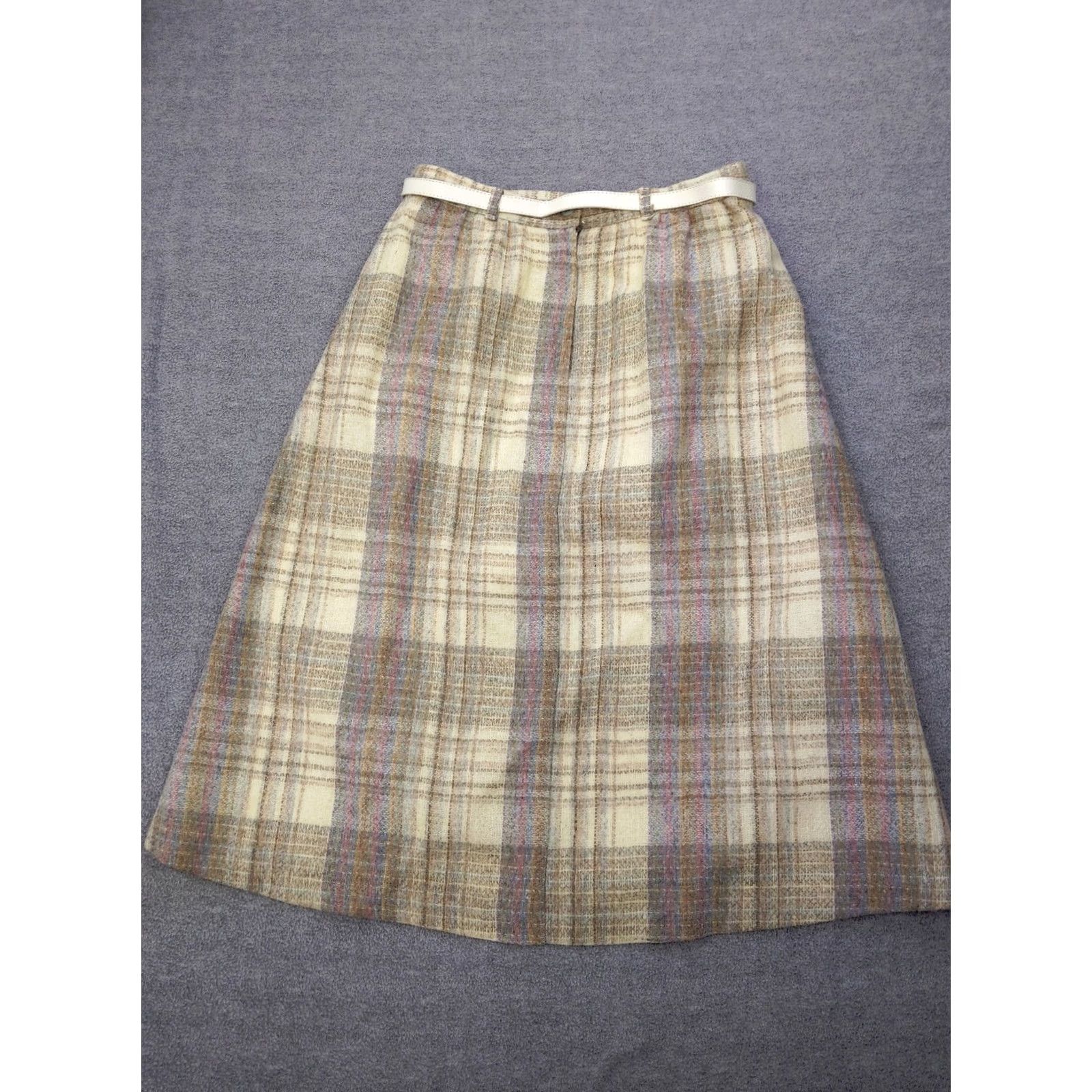 Mulberry VINTAGE Marilyn Togs Mulberry Street Women 14 Beige Plaid 100% Wool A-Line Belted Skirt Size ONE SIZE - 4 Thumbnail