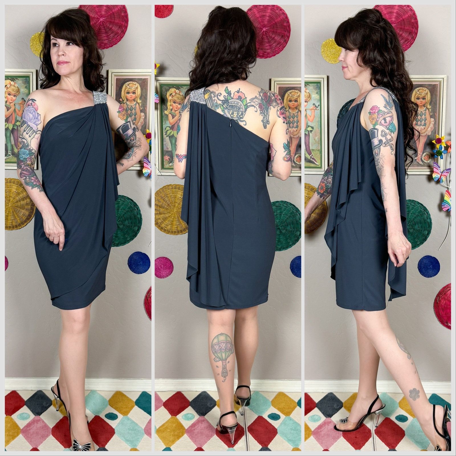 Vintage Vintage Y2K Caché Grey One Shoulder Grecian Drape Minidress Size M / US 6-8 / IT 42-44 - 2 Thumbnail