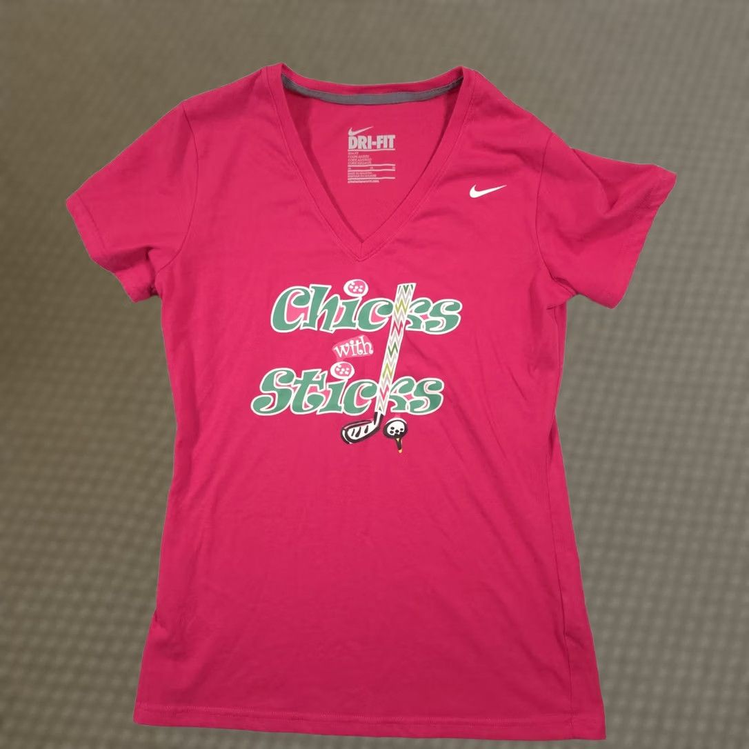 Nike Nike Dri-FIT Shirt Womens Medium Pink V Neck Short Sleeve Chicks With Sticks Size M / US 6-8 / IT 42-44 - 1 Thumbnail