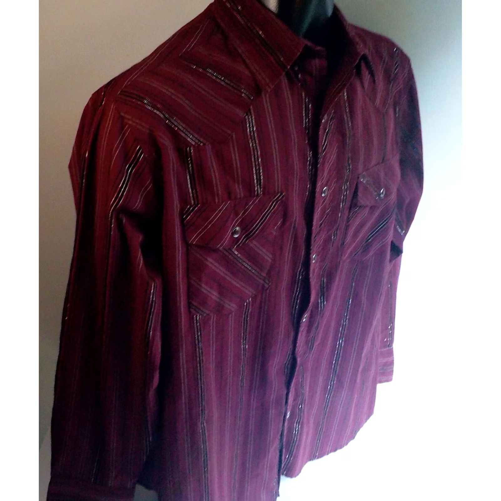 Wrangler WRANGLER Western Fashion Snap Shirts Striped Burgundy/Black/Silver Metallic Cotton Blend Size L Mens Size US L / EU 52-54 / 3 - 3 Thumbnail