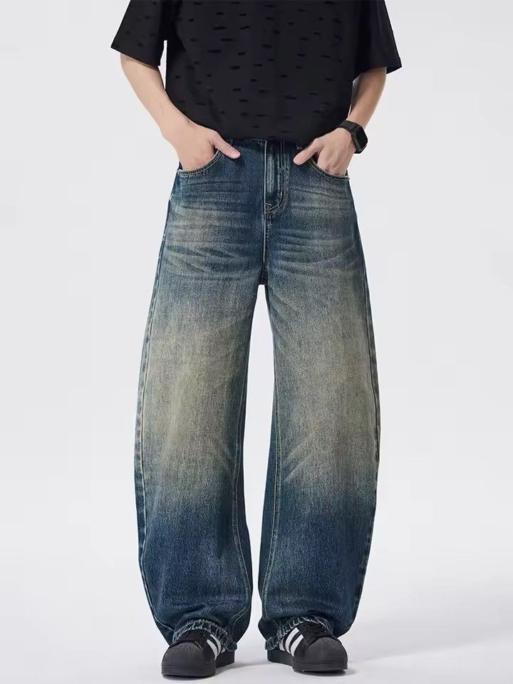 Jean Blue Washed Baggy Denim Jeans, Loose Wide Leg Jeans Size US 33 - 1 Thumbnail