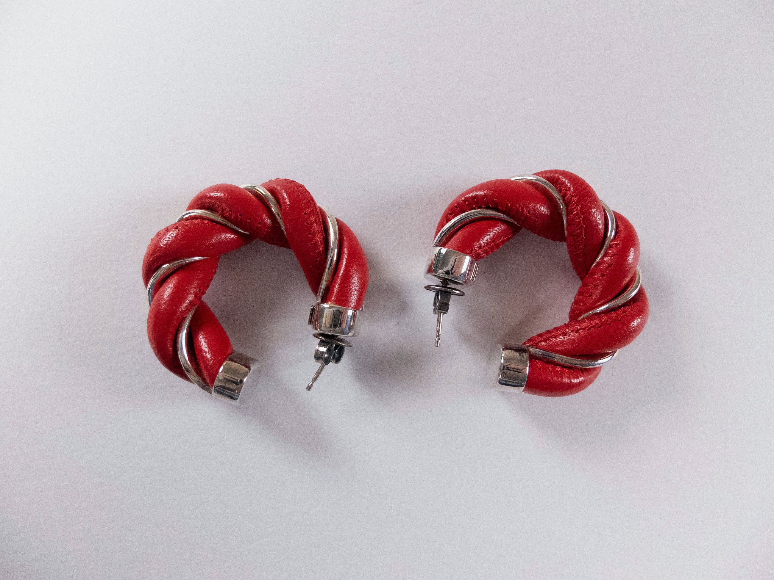 Bottega Veneta BOTTEGA VENETA Twist circle red leather silver earrings q Size ONE SIZE - 3 Thumbnail