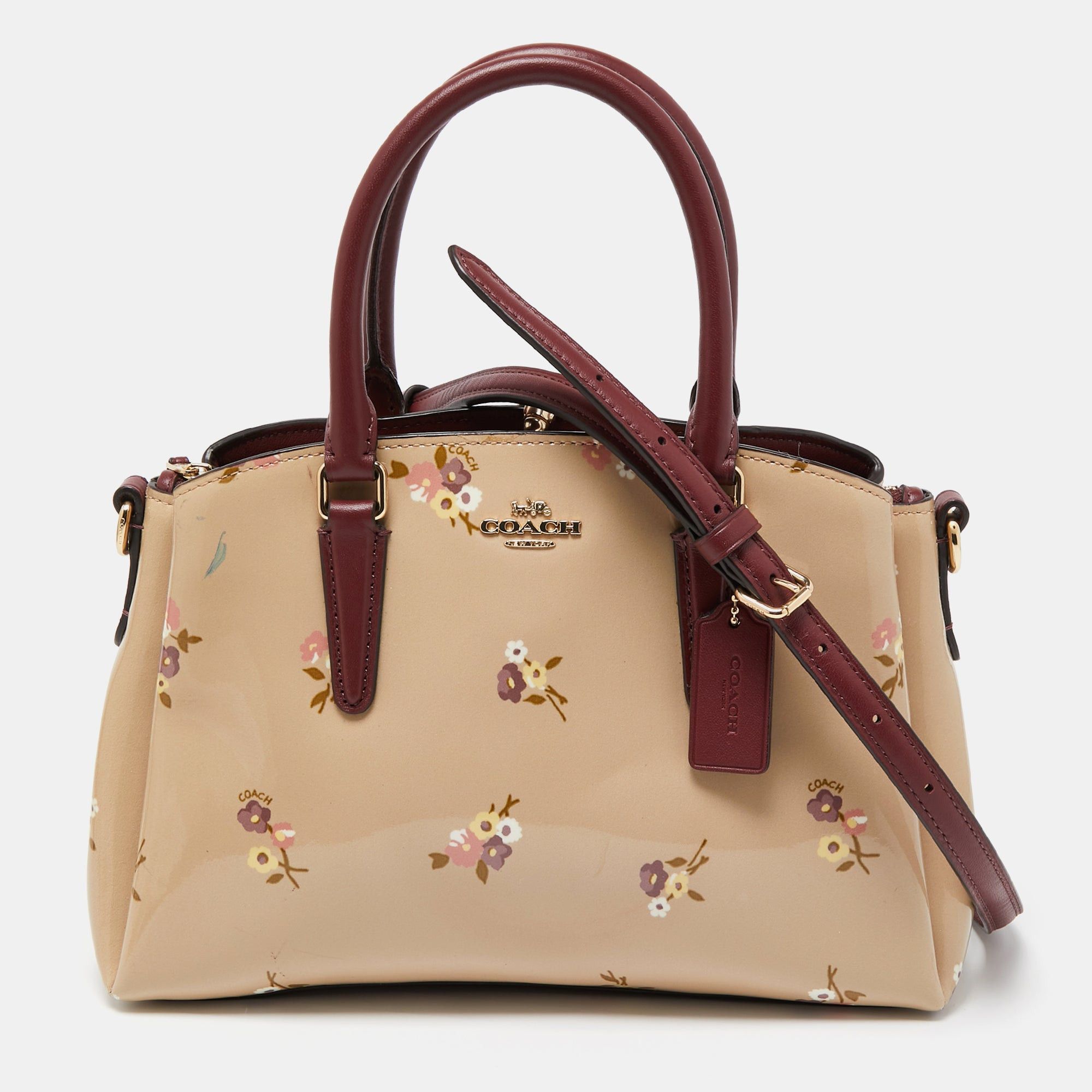 image of Coach Burgundy/cream Floral Print Patent And Leather Mini Sage Carryall Satchel in Red, Women's