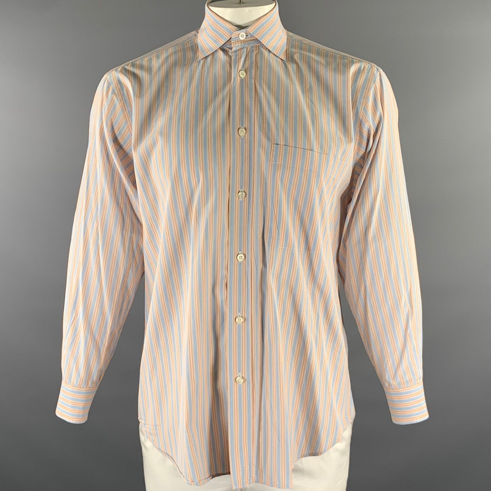 Brioni BRIONI M Orange Blue Stripe Cotton Spread Collar L/S Shirt Size US M / EU 48-50 / 2 - 1 Thumbnail