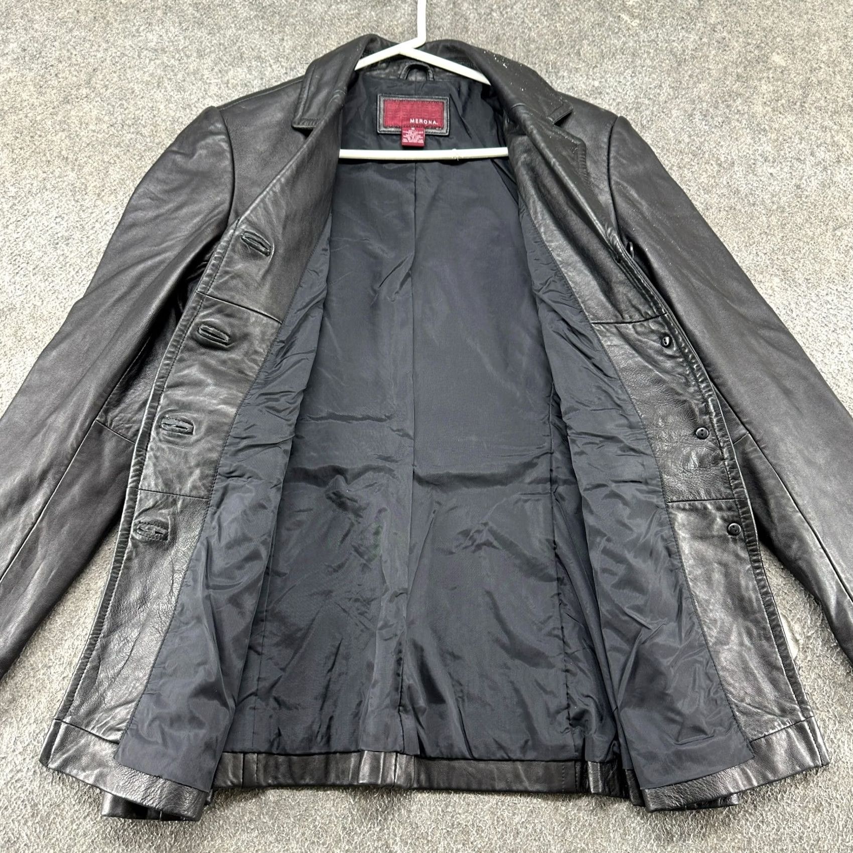 Merona VINTAGE Merona Leather Coat Womens M Black Overcoat 90s Womens Front Pockets Casual Business Satin? Size M / US 6-8 / IT 42-44 - 2 Thumbnail