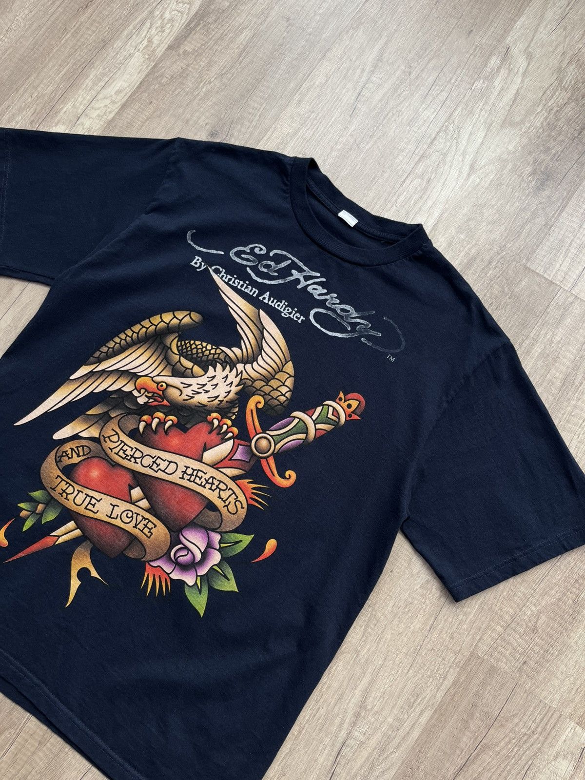 Ed Hardy × Japanese Brand Ed Hardy Pieced Hearts and True Love T-Shirt Navy Blue Size US L / EU 52-54 / 3 - 4 Thumbnail