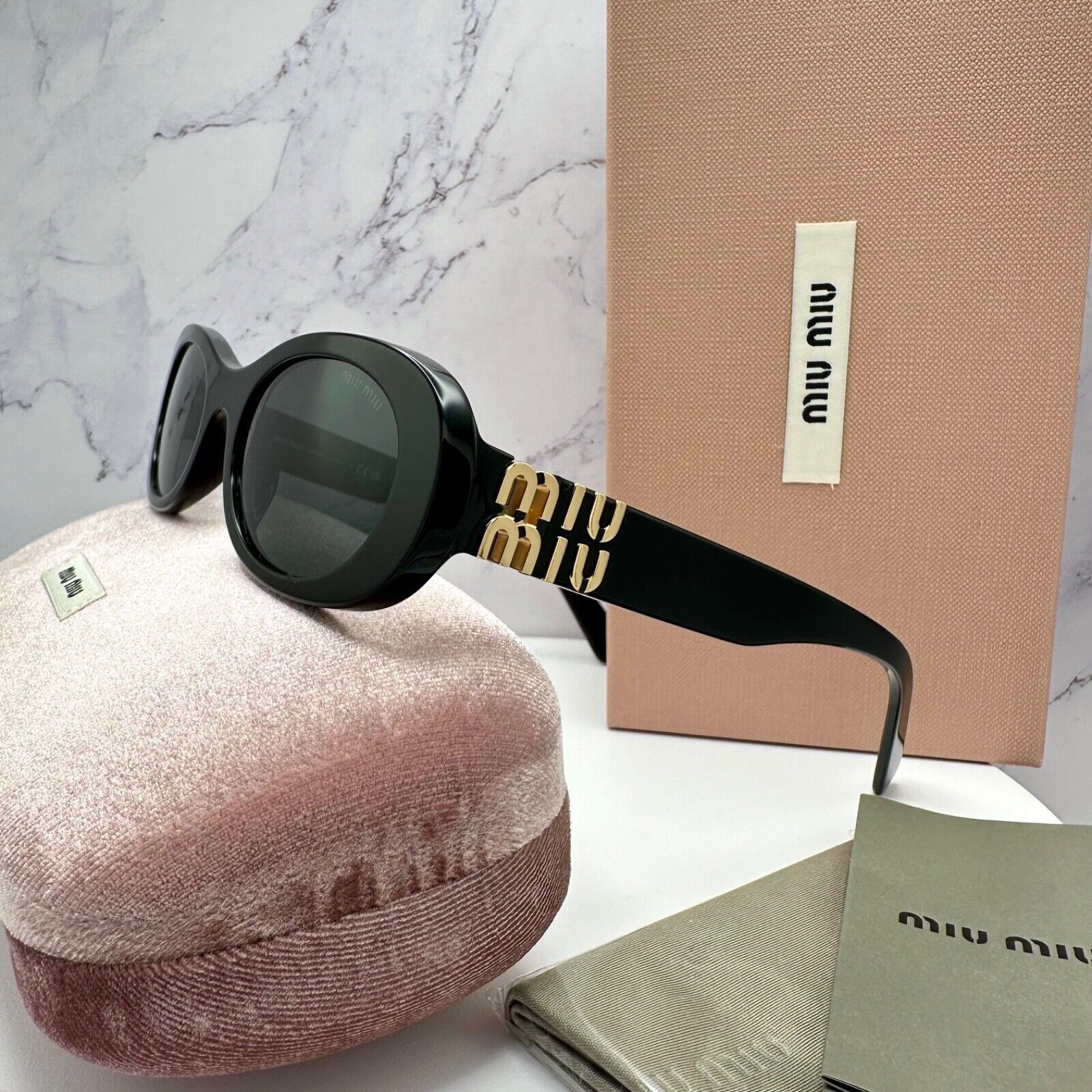 Miu Miu New MIU MIU Sunglasses Black Oval Gold Metal Logo Authentic Size ONE SIZE - 20 Thumbnail
