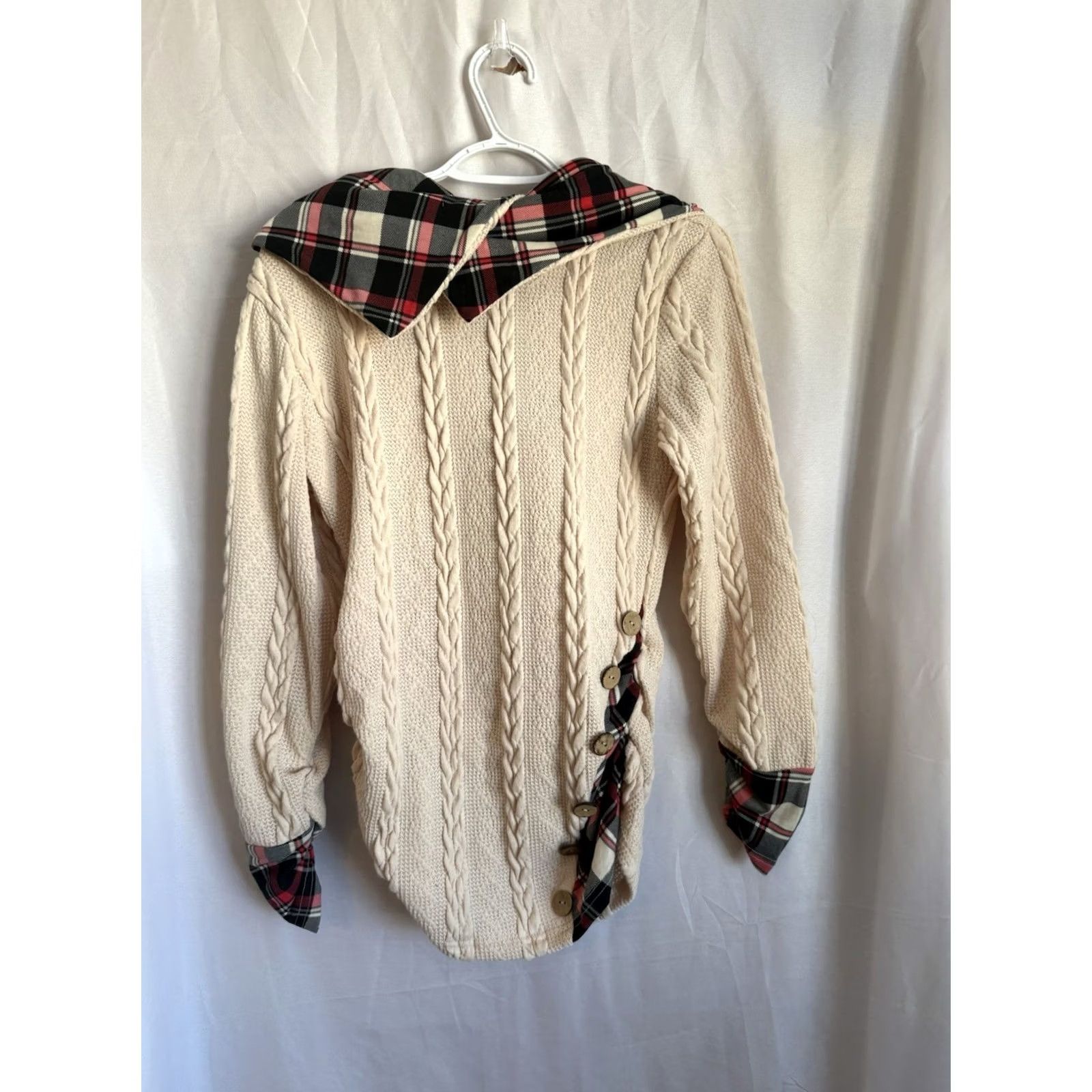 Vintage Cream Dressfo Womens 6 New With Tag Ivory Plaid Henley Long Sleeve Wool/ Cotton Blend Sweater pullover Preppy Academia Womens Size M / US 6-8 / IT 42-44 - 2 Thumbnail