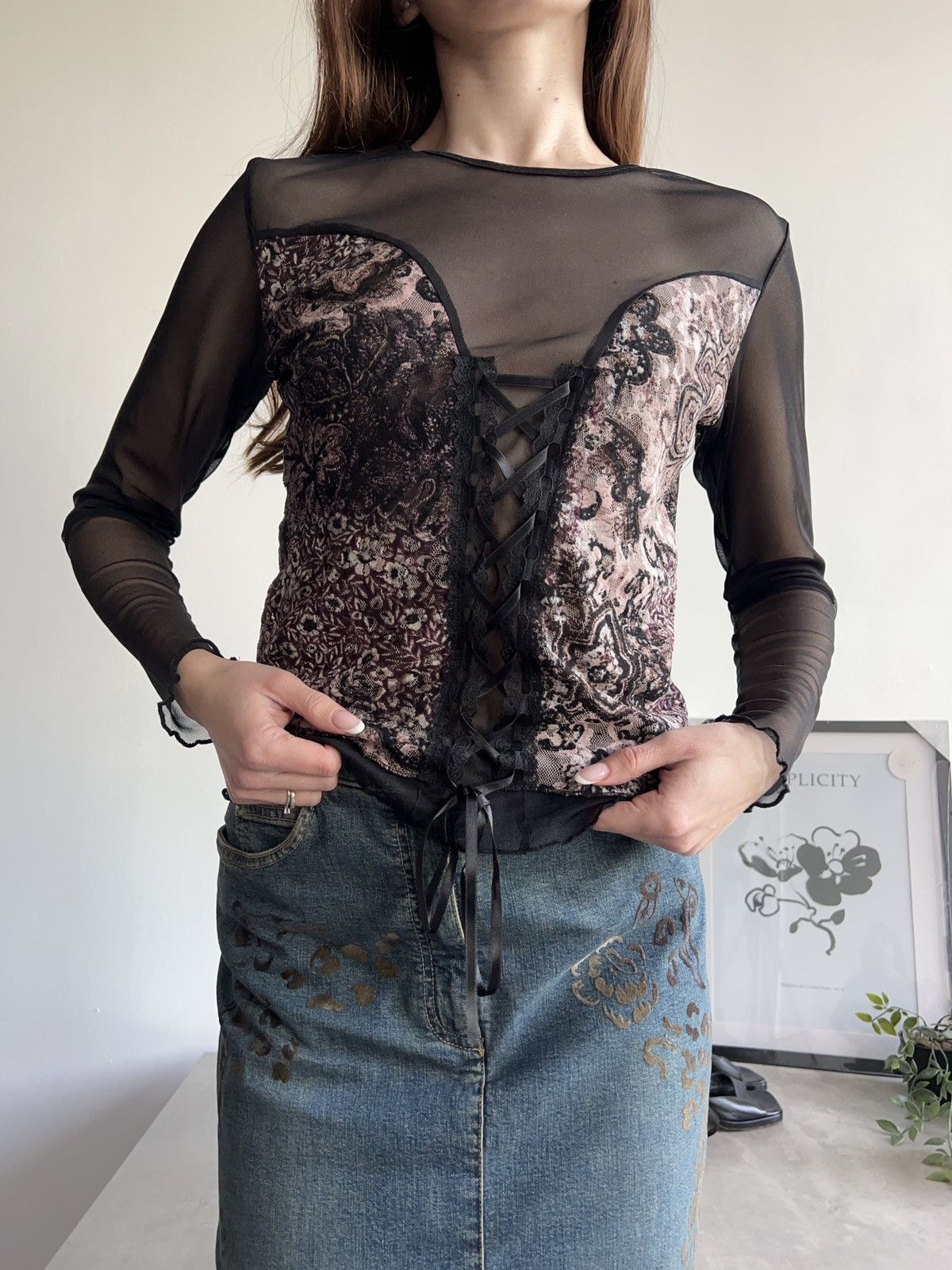 Vintage Stunning Lace long sleeve top blouse goth black y2k corset Size S / US 4 / IT 40 - 2 Thumbnail